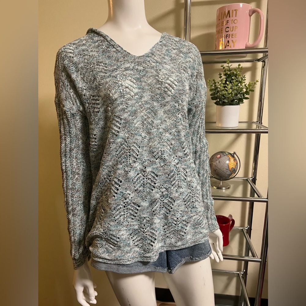 J. Jill Blue and white Open-Textured V-Neck hoodie Sweater - beach, hotel wear